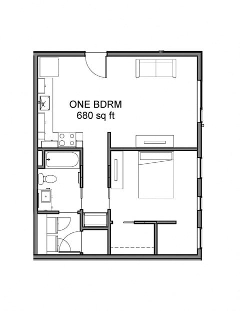 Floor plan for 1 bed, 1 bath, 683 sqft